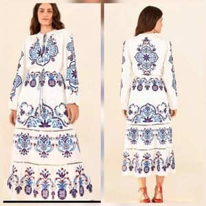 FARM Rio White Long-Sleeve Maxi Dress with Blue and Purple Embroidery